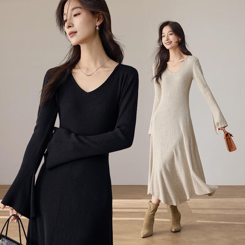 VICTORIA&VERA Women's V-Neck Knit Flare Sleeve Midi Dress