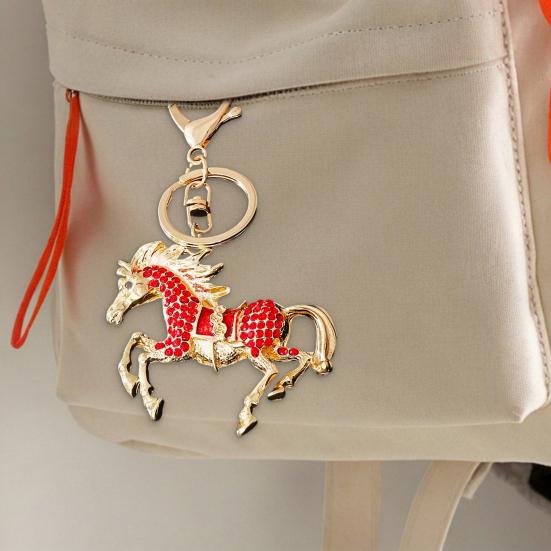 Wealth Horse Car Keyring Rhinestones-Encrusted 3D Zodiac Horse Design Key Chain Metal Charm Bags Keyring