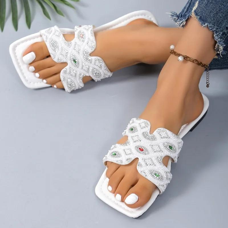 

Fashion Square Toe Women s Sandals 2025 New Plus Size Shoes Female Fashion Crystal Open Toe Women s Slippers Outdoor Flat Slippers Women 43