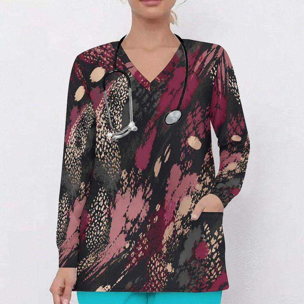 Women Plus Size Printed V Neck Long Sleeve Nurse Scrub Top With Front Pockets