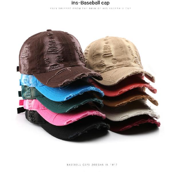 Japanese-style solid-color washed baseball cap with distressed details, suitable for outdoor activities, providing sun protection and shade
