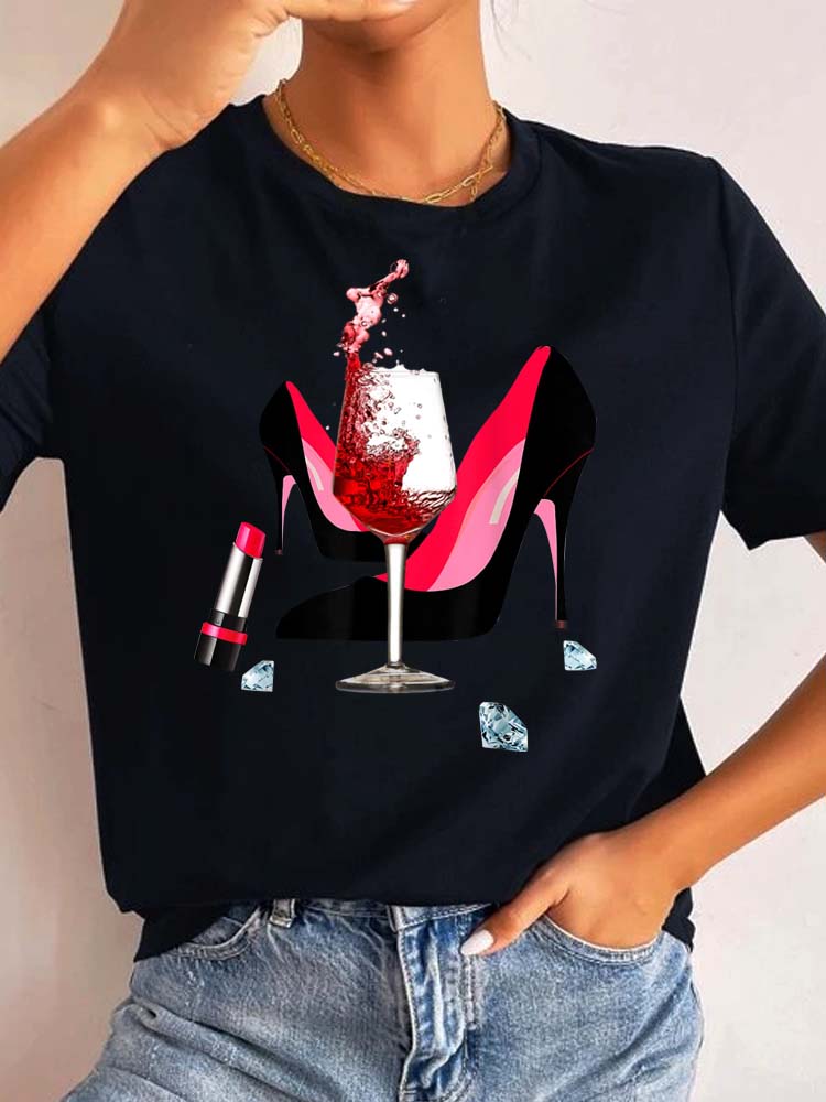 Maycaur New High Heel Wine Glasses Graphic Print T Shirt Women Funny Tshirts Casual White Short Sleeves Tops Tees Feamle Clothes