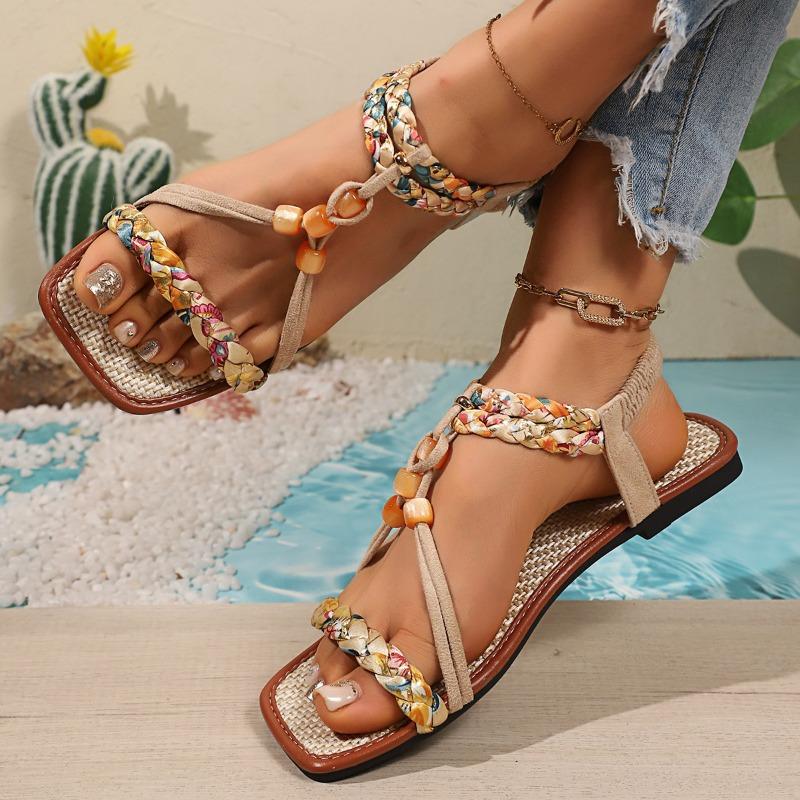 Cross-border plus size sandals, bohemian style, beach round toe, flat sole, single strap, new summer women's shoes