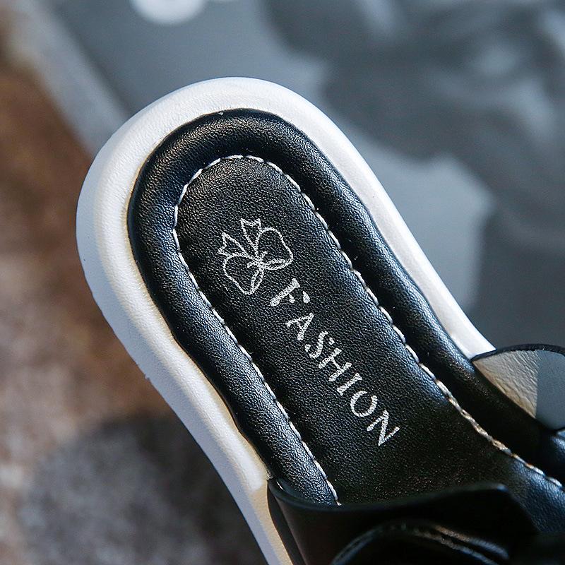 Solid Black Kids Fashion Bow Princess Shoes 2024 Summer New Britain Style Children Flat Open-toe Casual Girls PU Thick Bottom