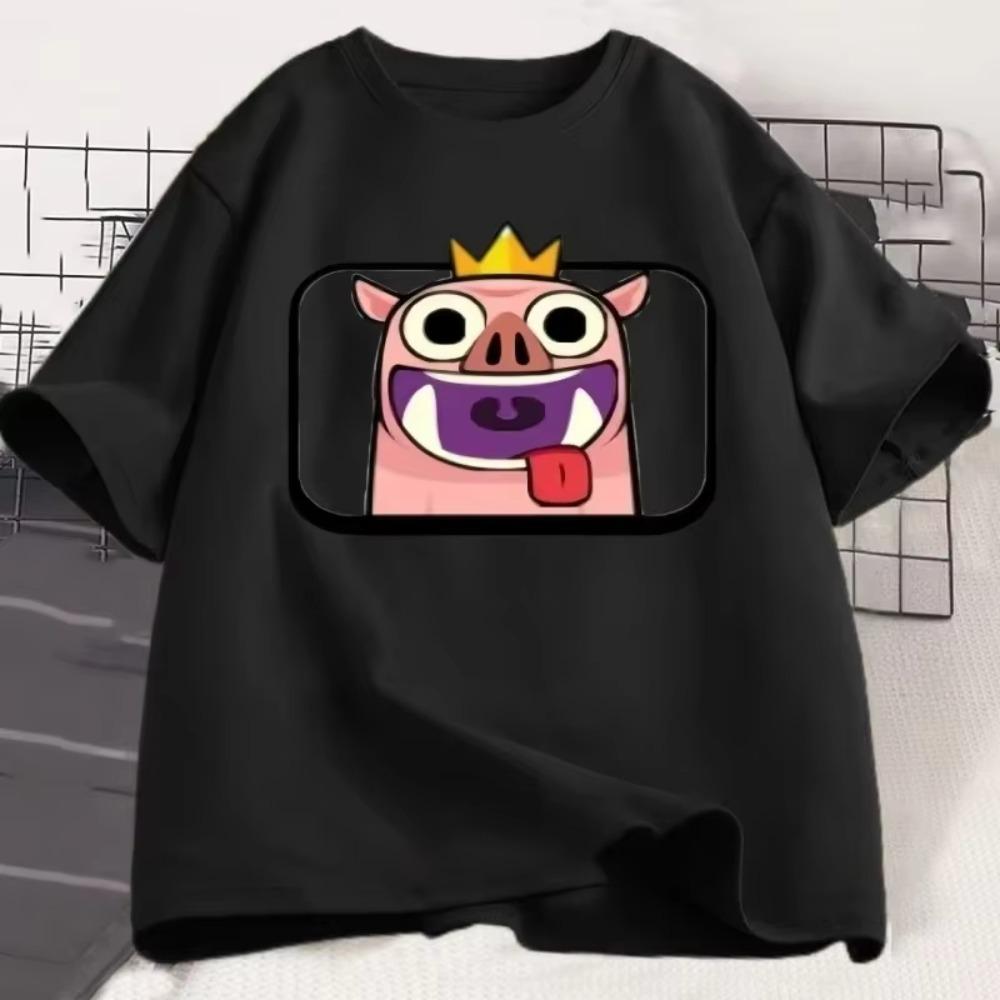 Hog with Crown Emote Clash Royale Graphic T Shirts Casual Round Neck Short Sleeve Tshirt Men Women Cute Breathable Clothes