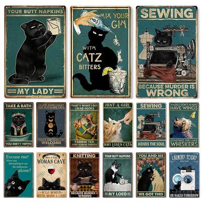 Kovový plechový znak Vintage Anime Zvíře Černá kočka Plakát Ošuntělý nástěnný talíř Značky Řemesla Garáž Domácí dekorace Desky Plechová malba