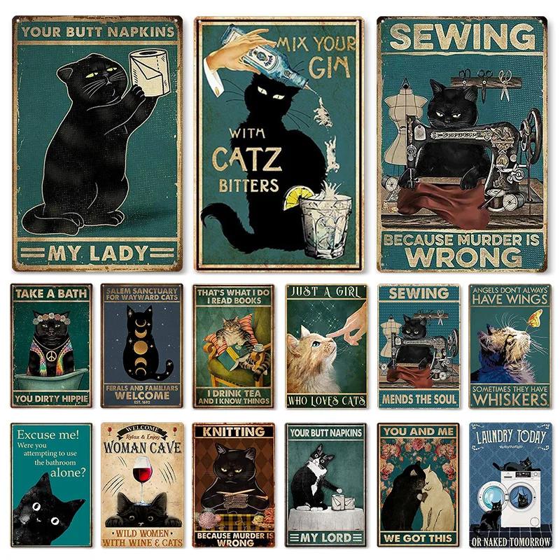 Metal Tin Sign Vintage Anime Animal Black Cat Poster Shabby Wall Plate Signs Crafts Garage Home Decor Plaques Tinplate Painting