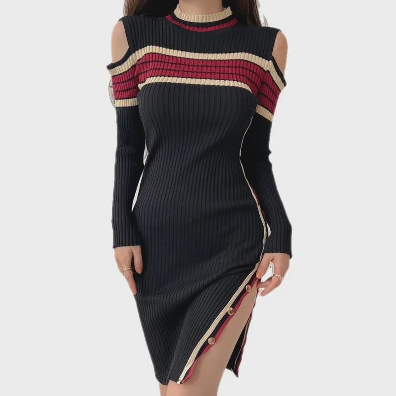 Sexy retro pletené šaty střední délky pro ženy - podzimní/zimní kolekce