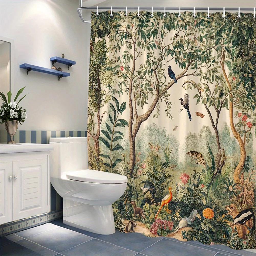 1ks Botanická Džungle Sprchový Závěs - Tropický Lesní Design, Exotické Ptáci & Zvířata, Bujná Zeleň, Červeno Oranžové Květiny, Polyester