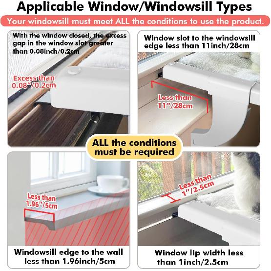 Window Sill Mount Cat Perch for Indoor Cats, One-Step Sliding Clamping Slot Adjustment Cat Hammock with Washable Cover, No Suction Cups Pet Bed for