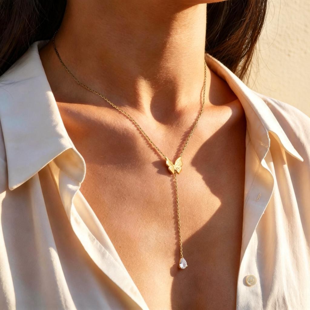Vnox Minimalist Butterfly Teardrop Zirconia Y-shaped Necklace for Women Trendy Gold Plated Crystal Necklace Popular Jewlery