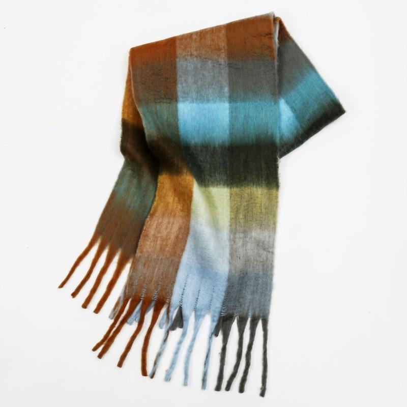 High-end color matching mohair scarf women's autumn and winter warmth thickened versatile plaid tassel