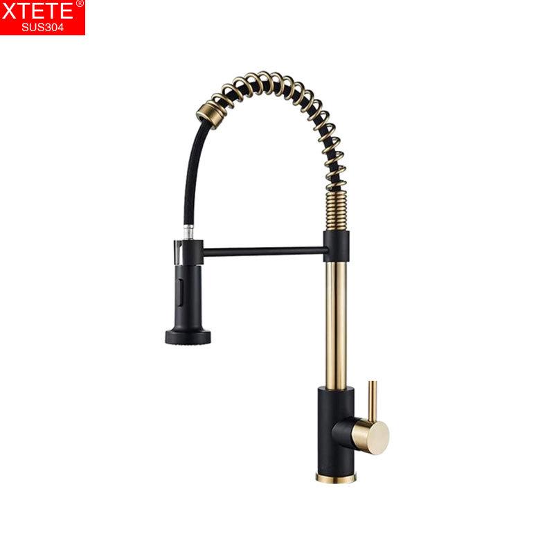304 Stainless Steel Brushed Gold, Black & White Kitchen Pull-Out Spring Faucet