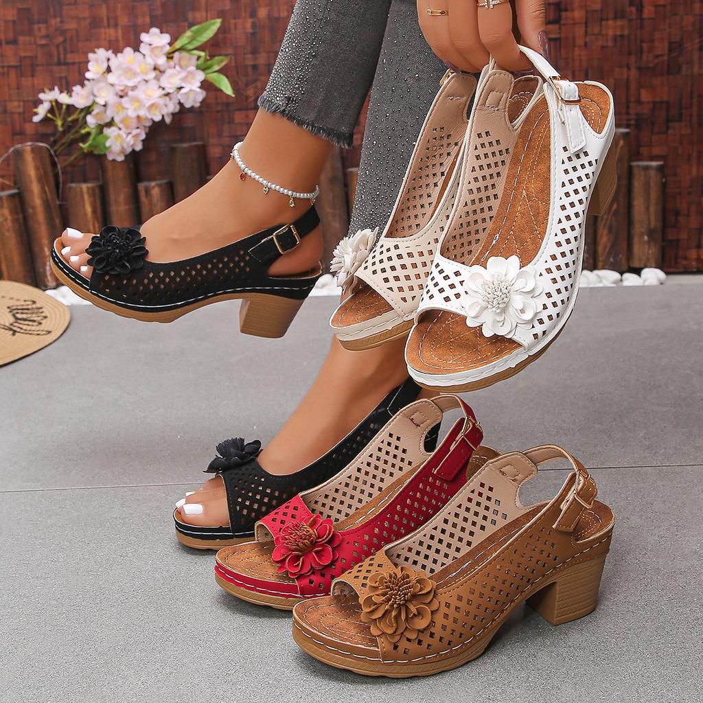 Large size flower high-heeled sandals women's summer new fashion thick heel buckle women's sandals