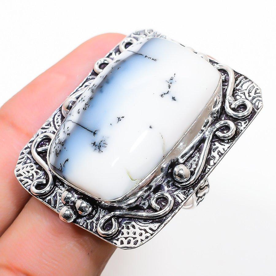 

Кольцо из стерлингового серебра 925 пробы с натуральным дендритовым опалом ручной работы, размер 10 t2l65