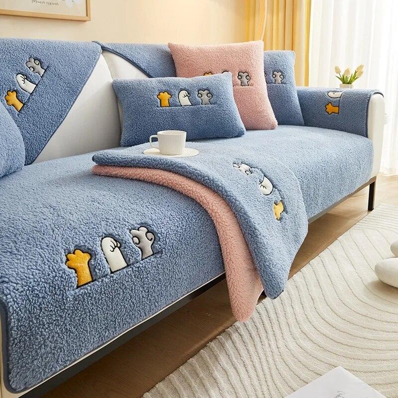 Sofabezug aus Herbst-Lammwolle, dicker Plüsch-Rückenhandtuch, rutschfester Wohnzimmer-Sofabezug, L-förmige Sofa-Armlehnen, staubdicht, warmer Bezug