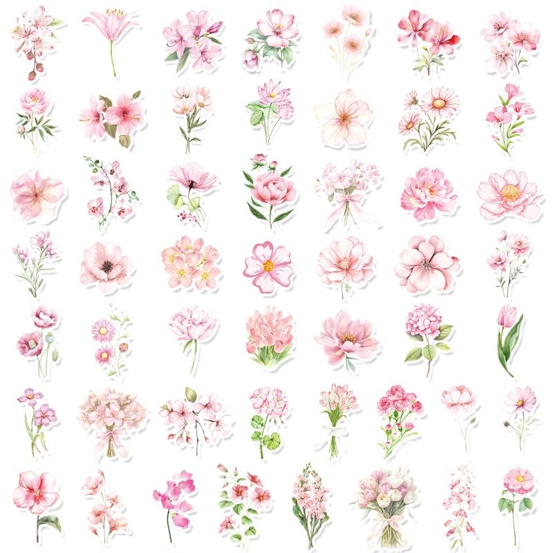50PCS Cute Pink Flower PET Sticky Sticker Aesthetic Tear Open DIY Decoration Scrapbooking Stationery Supplies