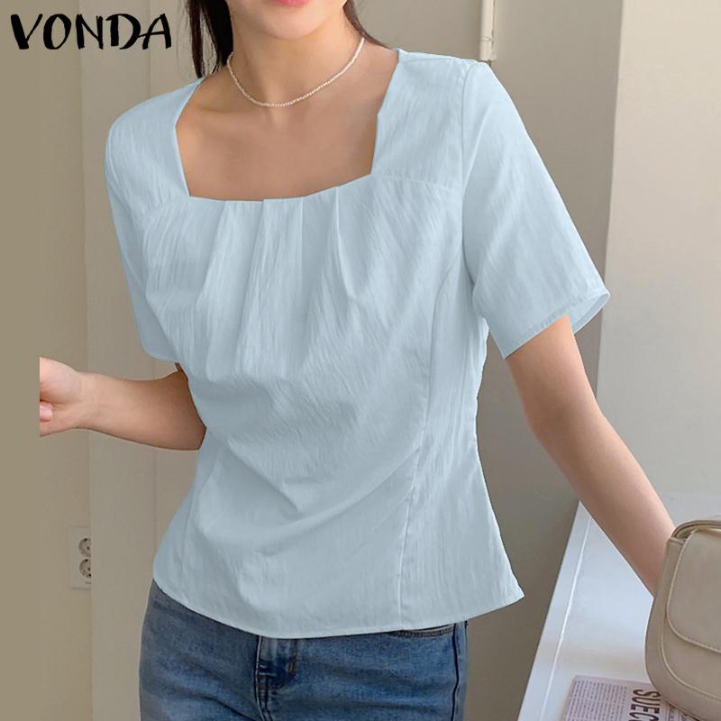 VONDA Women Girls Square Collar Short Sleeve Slim Waist Casual Blouse
