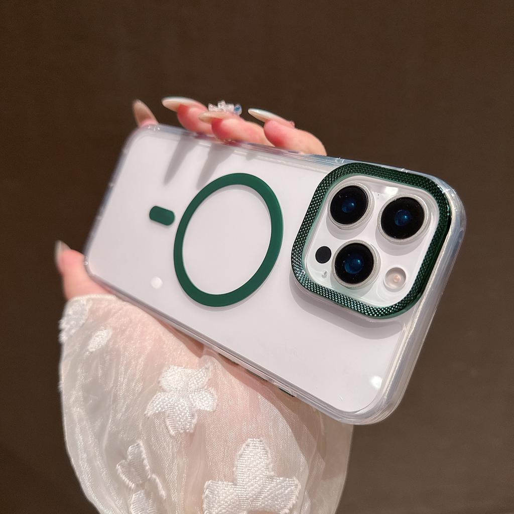 For iPhone 16 Pro Max Case Compatible with MagSafe PC+TPU Clear Phone Cover with Diamond Texture Lens Frame