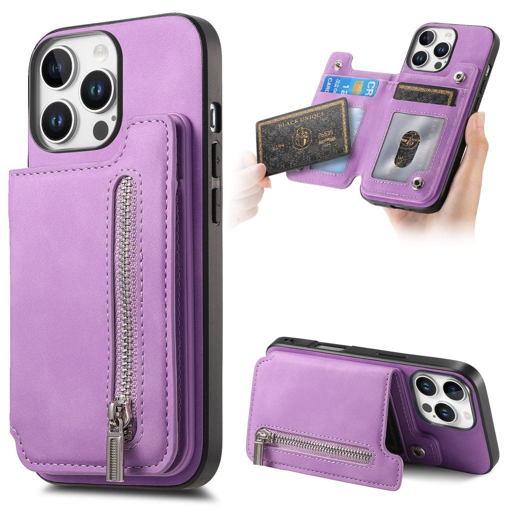 For iPhone 16 Pro Case Magnetic Detachable Zipper Card Holder Leather+TPU Phone Cover