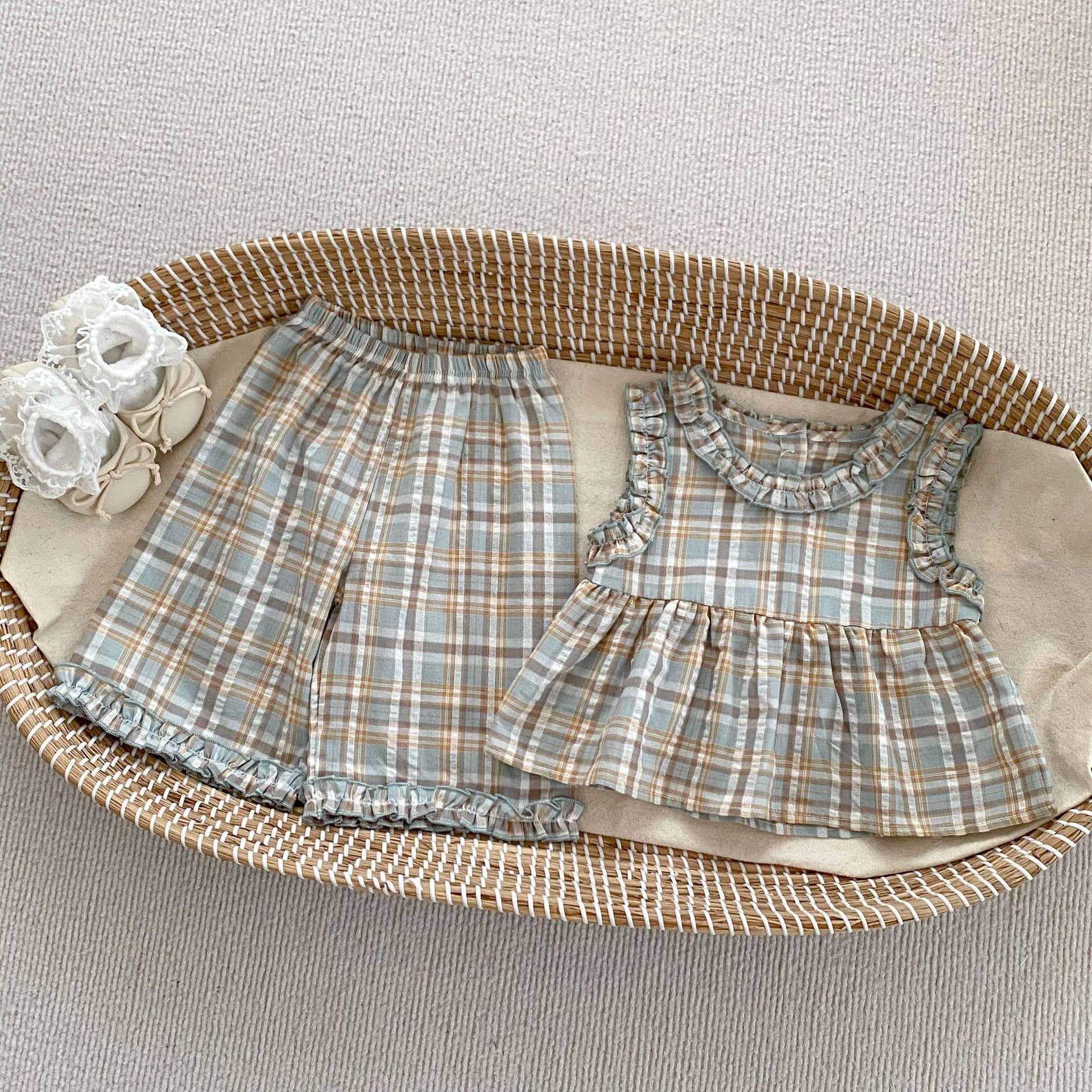 Girls Summer Plaid Sleeveless Top and Wide Leg Pants Set with Ruffle Trim 73
