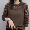 Damen Frühling Herbst Einfarbig Rundhals Pullover Langarm Spitze Patchwork Bestickt Pullover