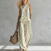 Summer New Print Contrasting Color Sleeveless Top High Waist Wide Leg Pants Two-piece Set Women's Casual Fashion Wear Suit