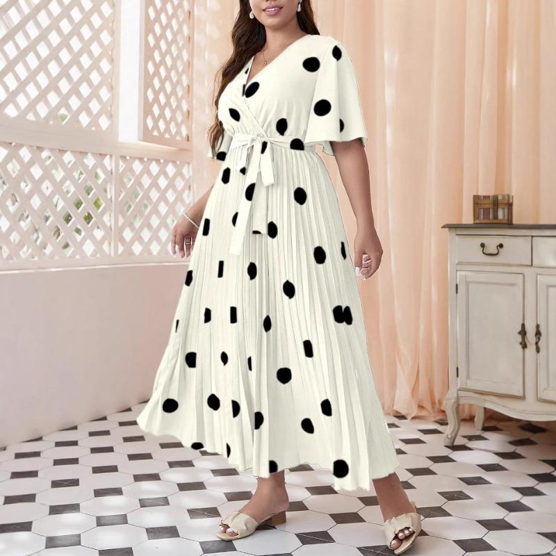 Plus Size Women's Summer New Polka Dot Simple Elastic Waist Printed Pleated Long Dress