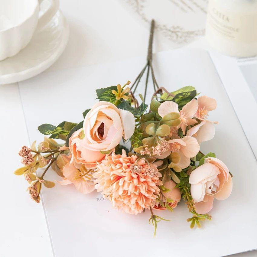 Artificial Flowers Cheaper Tea Rose Buds Diy Candy Box Vase for Home Room Decor Christmas Garland Wedding Bouquet Silk Hydrangea