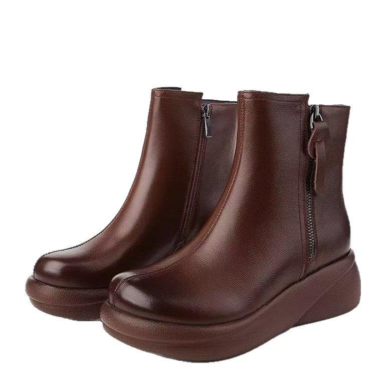 Thick-soled Muffin Short Boots Women's 2025 Autumn and Winter New Soft Leather Round Head Flat Bottom Velvet Warm Casual Temperament Martin Boots
