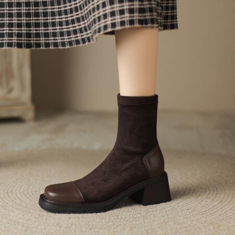 Korean version of the new suede medium heel large size women's boots thick-soled non-slip leather boots round head medium boots square and autumn a