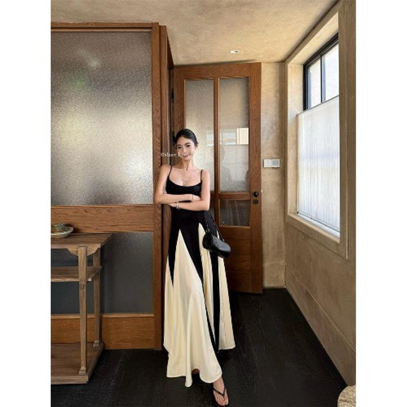 

Платье-слинг Kumikumi High Sense в стиле ретро, с цветовой блокировкой, женское, летнее, облегающее, стройнящее, элегантное, с большой юбкой-клёш, длинное Patchwork Long Dress S