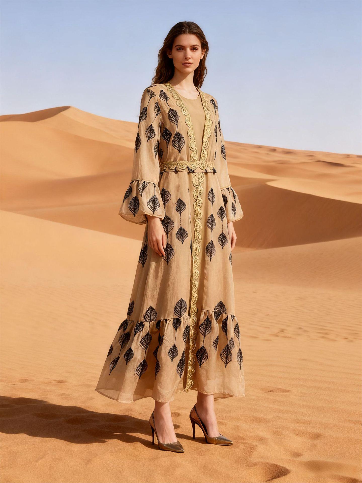 

NC131 Дубайское мусульманское платье: Вышитый халат из сетки с пайетками Large хаки