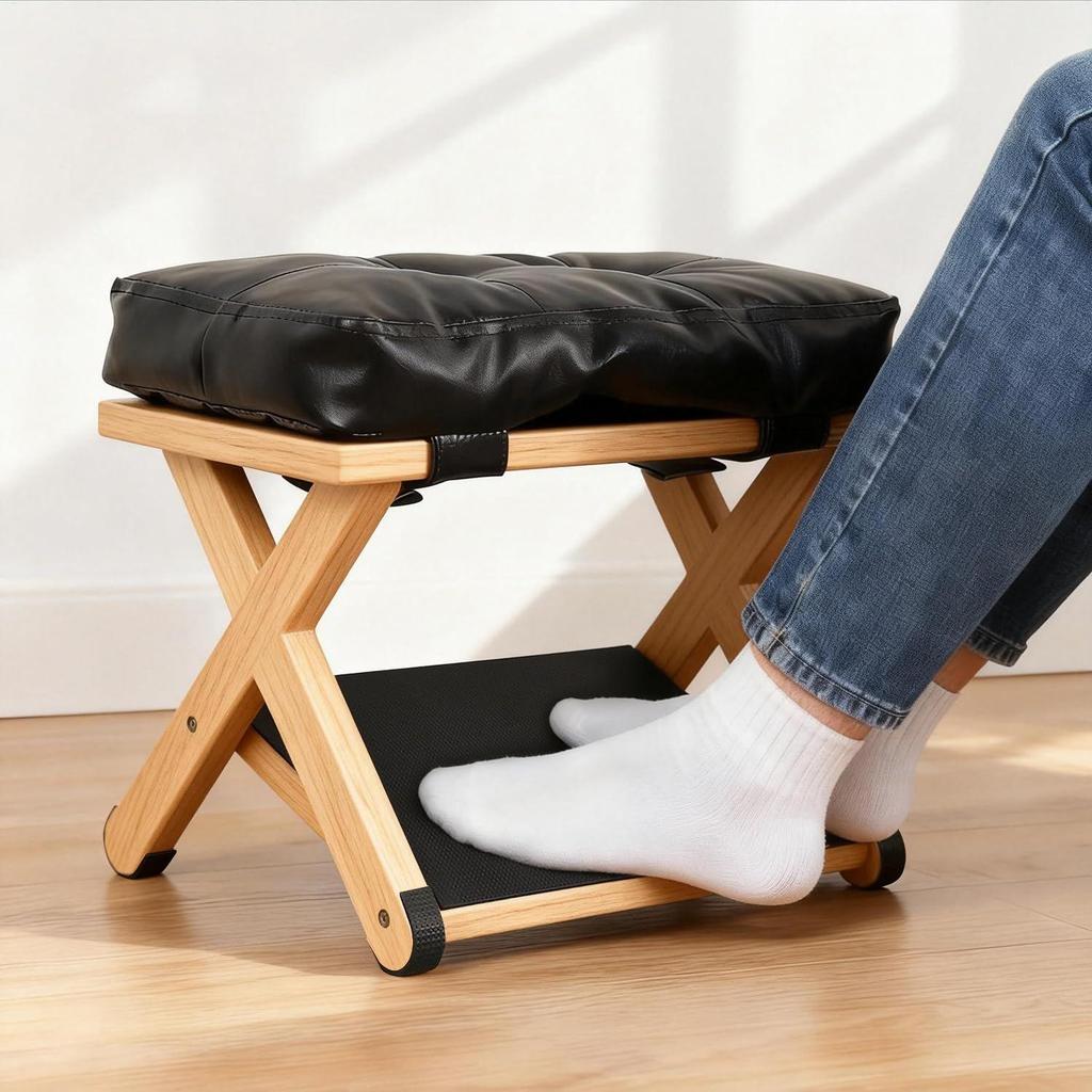 2 Layer Wooden Under Desk Footrest with Non-Slip Rubber Stepping Surface Leg Rest Slanted Small Desk Foot Stool for Home Office