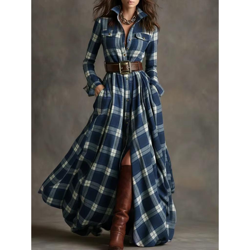 LYRIA French Women's Plaid Dress Shirt Button Cardigan Lapel Fashion Belt Pocket Irregular Design A-line Long Skirt for Female