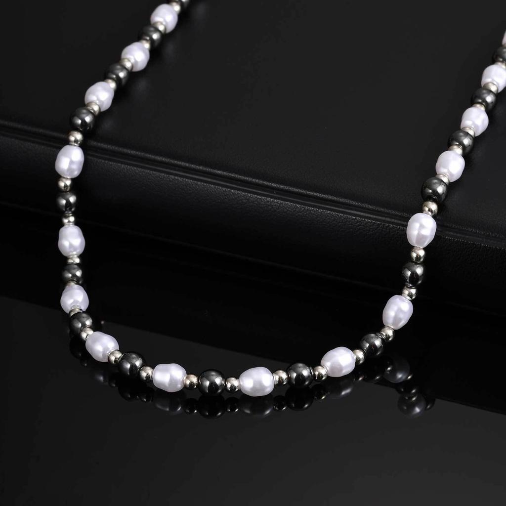 Hip Hop Pearl Necklace for Men Boys,Natural Hematite Stainless Steel Beaded Collars,Simple Jewelry Gifts