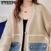 WTEMPO Loose Spliced Cardigan Women Open Front Sweater Long Sleeve V Neck Knitwear Female Coat with Patchwork Denim Pocket
