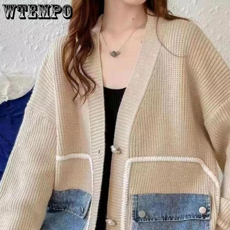 WTEMPO Loose Spliced Cardigan Women Open Front Sweater Long Sleeve V Neck Knitwear Female Coat with Patchwork Denim Pocket