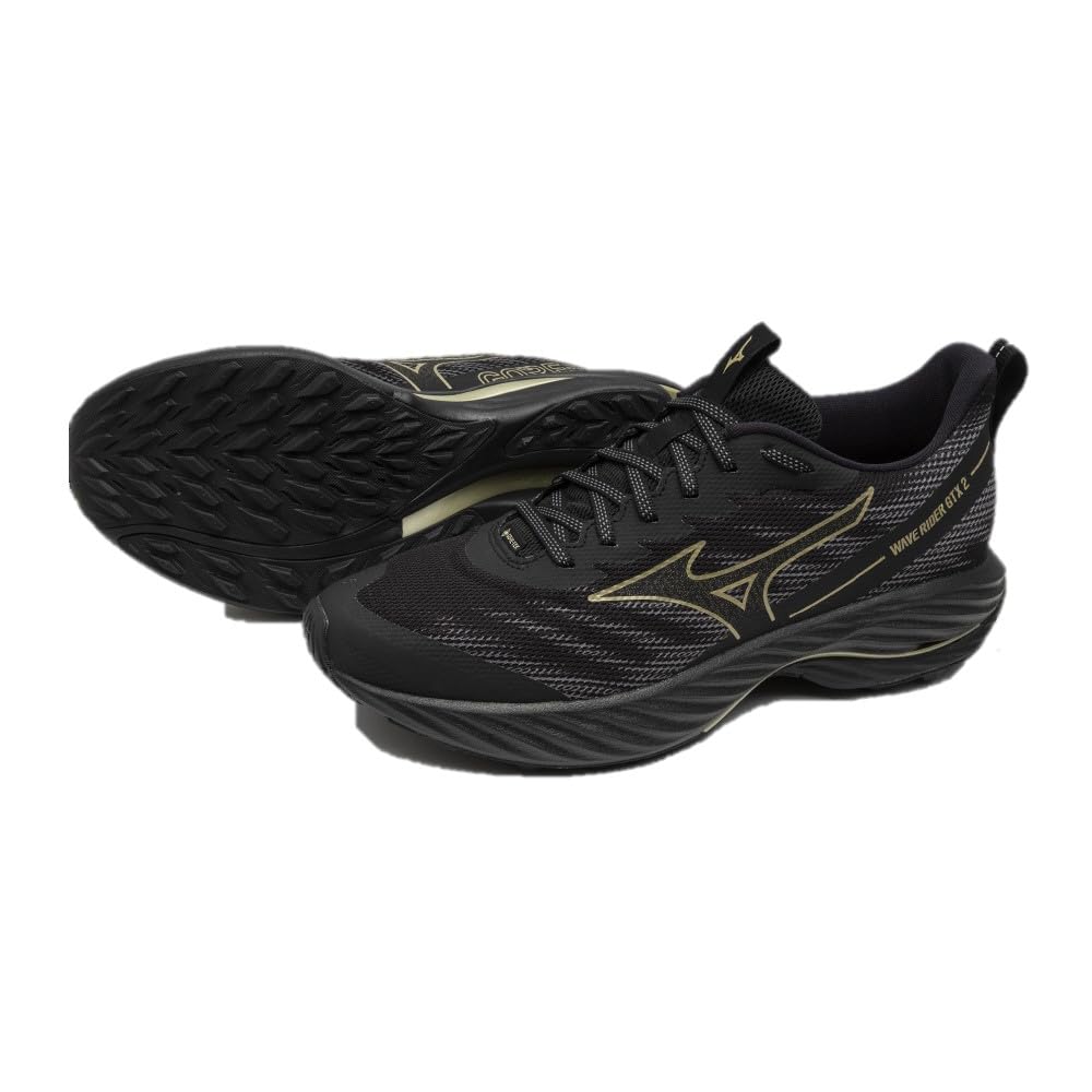 Mizuno Wave Rider GTX 2 Беговые Толстые Черные x 2E Обувь Gore-Tex, Бег трусцой, Марафон, Тренировки, Спорт, Легкие, Упругие, Подошва, Золотые, 27.0 см,