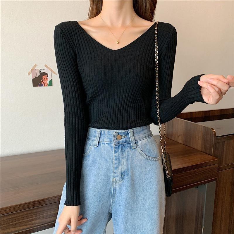 

Жіночий светр з V-подібним вирізом, облягаючий пуловер, обтислий, з довгим рукавом, однотонний, одного розміру, трикотажний, весняно-осінній, для роботи One Size чорний