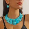 European Vintage Trapezoidal Turquoise Necklace and Earring Set, Exaggerated Ethnic Jewelry