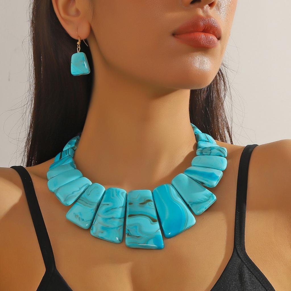 European Vintage Trapezoidal Turquoise Necklace and Earring Set, Exaggerated Ethnic Jewelry