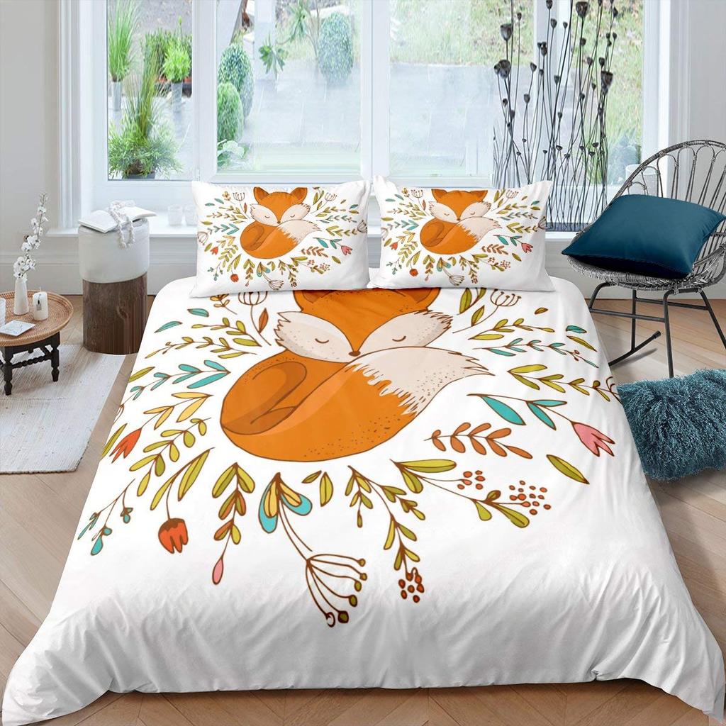 Comforter Fox Girls Cartoon Fox Bedding Set Lovely Animal Theme Comforter For Kids Teens King