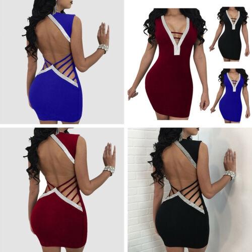 Deep Sexy Women V Rhinestone Backless Mini Dress Bodycon Sleeveless Dress Party