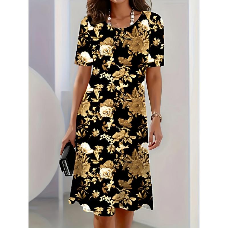 Plus Size, Plus Size Floral Digital Print Vacation Women's Round Neck Dress