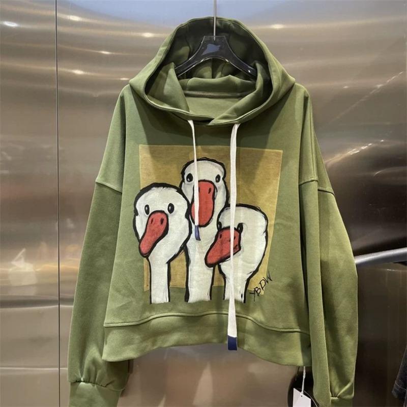 

Autumn Large Size Loose Cartoon Print Casual Hooded Jacket Long-sleeved Sweatshirt L зелений