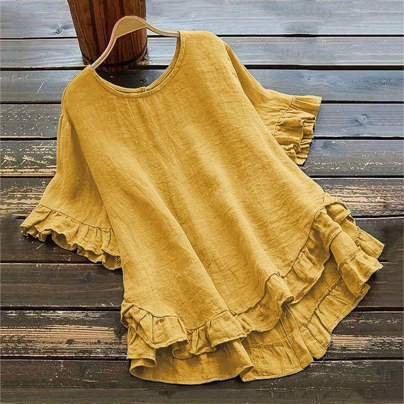 Loose Ruffled Short-Sleeve Top Solid Loose Ruffle Sleeve Short Sleeve Button Top