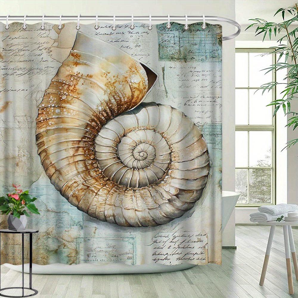 Ocean Style Fossil Watercolor Shower Curtain - Creative Shell Design, Bathroom Decor, Polyester Fabric, Includes 12 Hooks