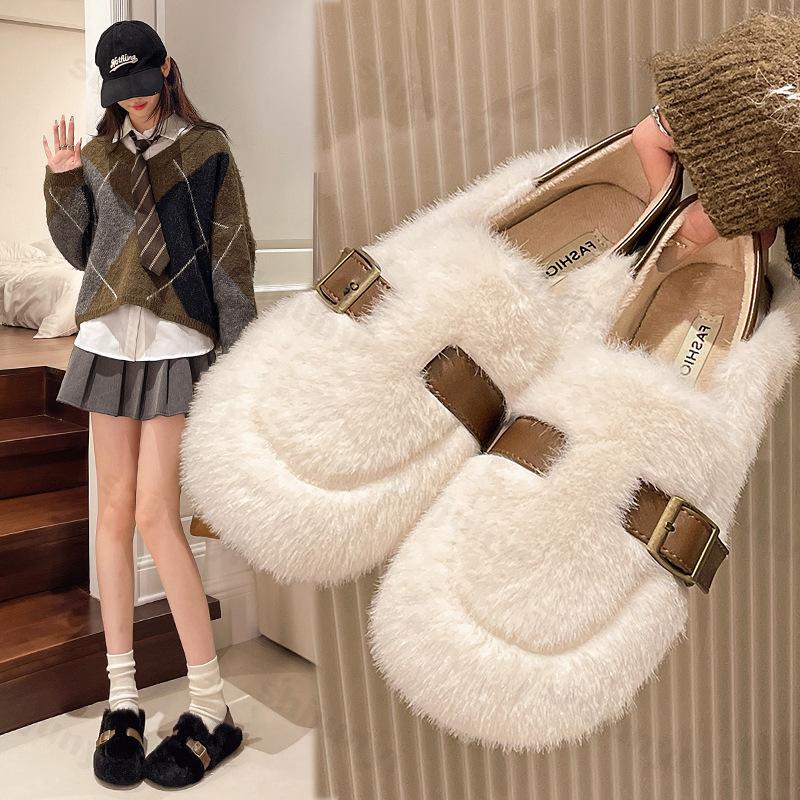 Mode Outdoor Damen Winter Baumwollschuhe 2024 Neu Damen Warme Plüsch Flauschige Pelzige Slipper Damen Slip-On Pelz Flache Schuhe Zapatos De Mujer