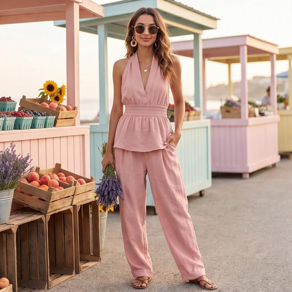 Women's Fashion Sleeveless Tank Top, High Waist, Loose Casual, Wide Leg Pants, Two Piece Set